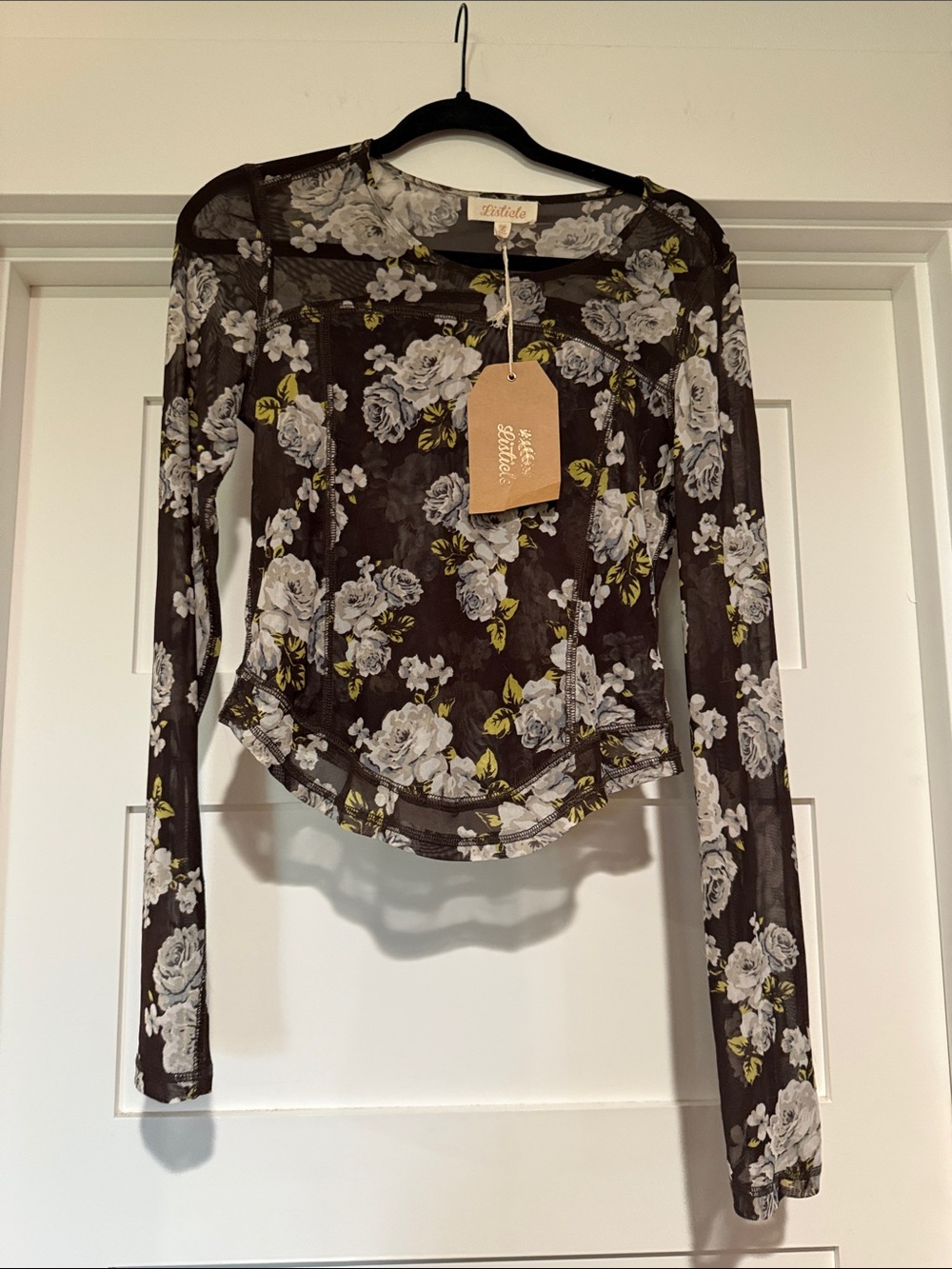 Listicle Black Floral Sheer Long-Sleeve Top with White Roses